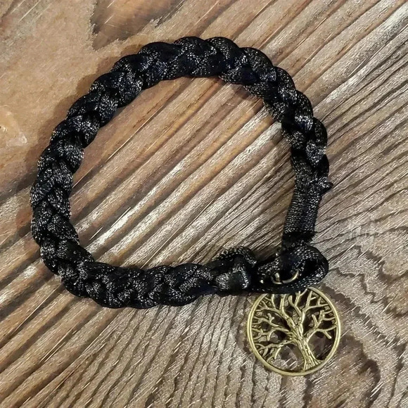 Braided Jet Black Silk Antique Brass Tree of Life Charm Button Bracelet - Picture 2 of 5
